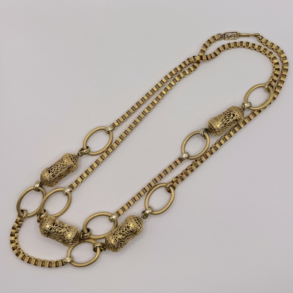 YSL Vintage Long Box Chain Filigree Barrel Necklace - Picture 6 of 13